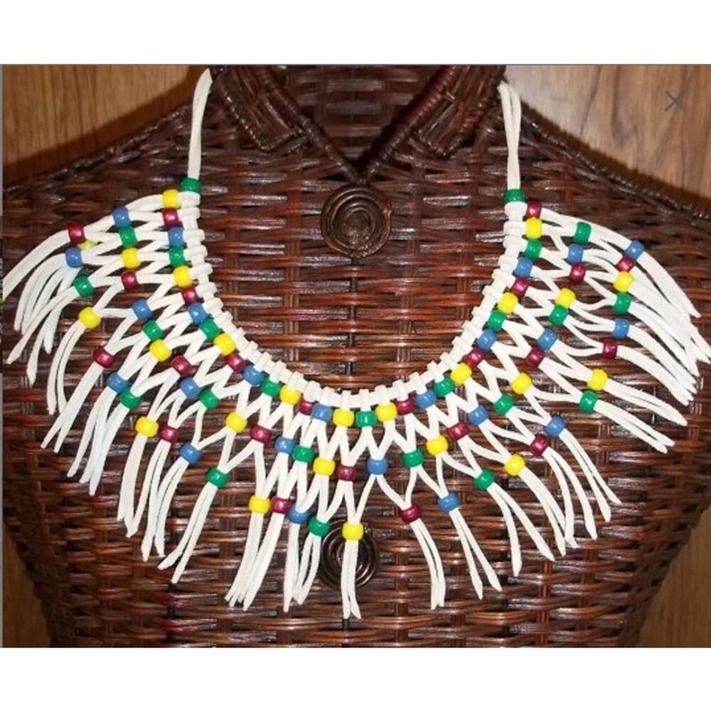 Vintage Handmade Leather Fringe Pony Bead Necklace Southwestern Boho NWOT